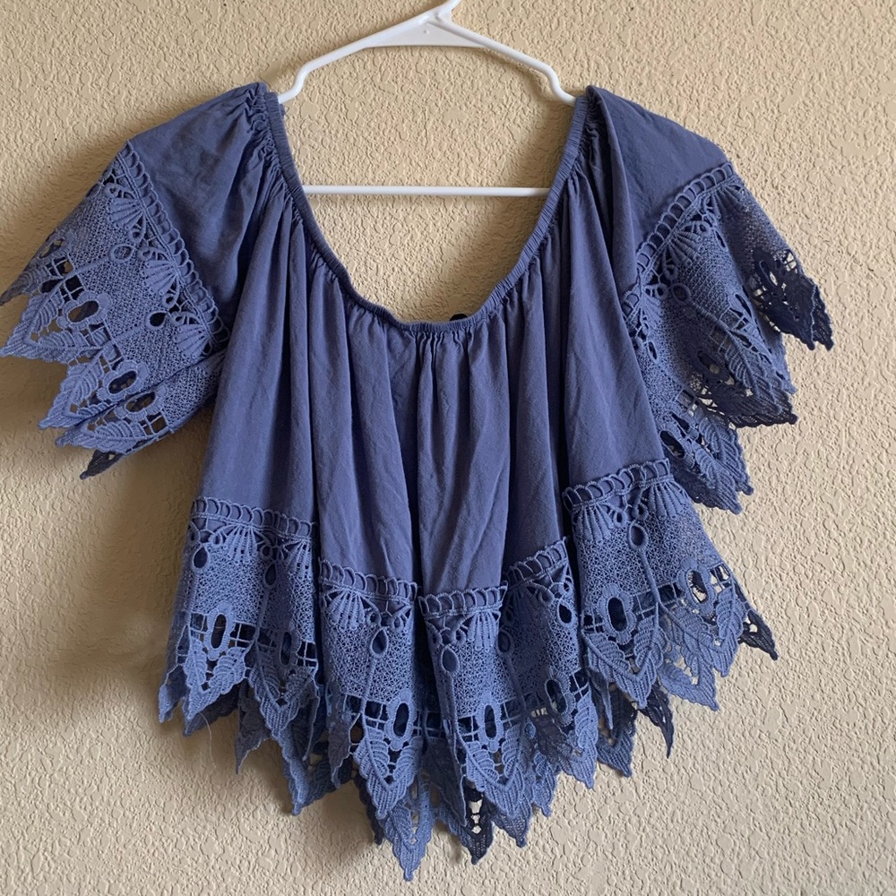 Blue off the shoulder cropped shirt